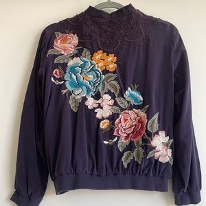 Purple Silk Johnny Was Alice Flower Embroidered Zip Up Bomber Jacket GORGEOUS